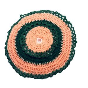 VTG Round Granny Throw Pillow w Handmade Crochet Cover Peach Green Layered